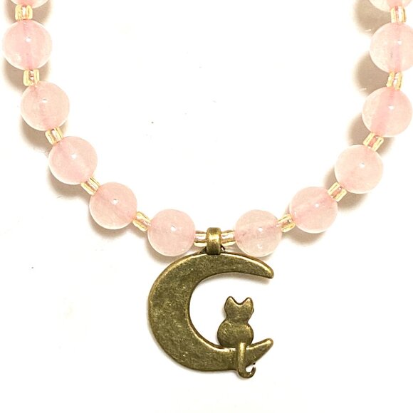 Pink Genuine Gemstone Rose Quartz Bronze Cat on the Moon Beaded Short Necklace - Picture 4 of 11